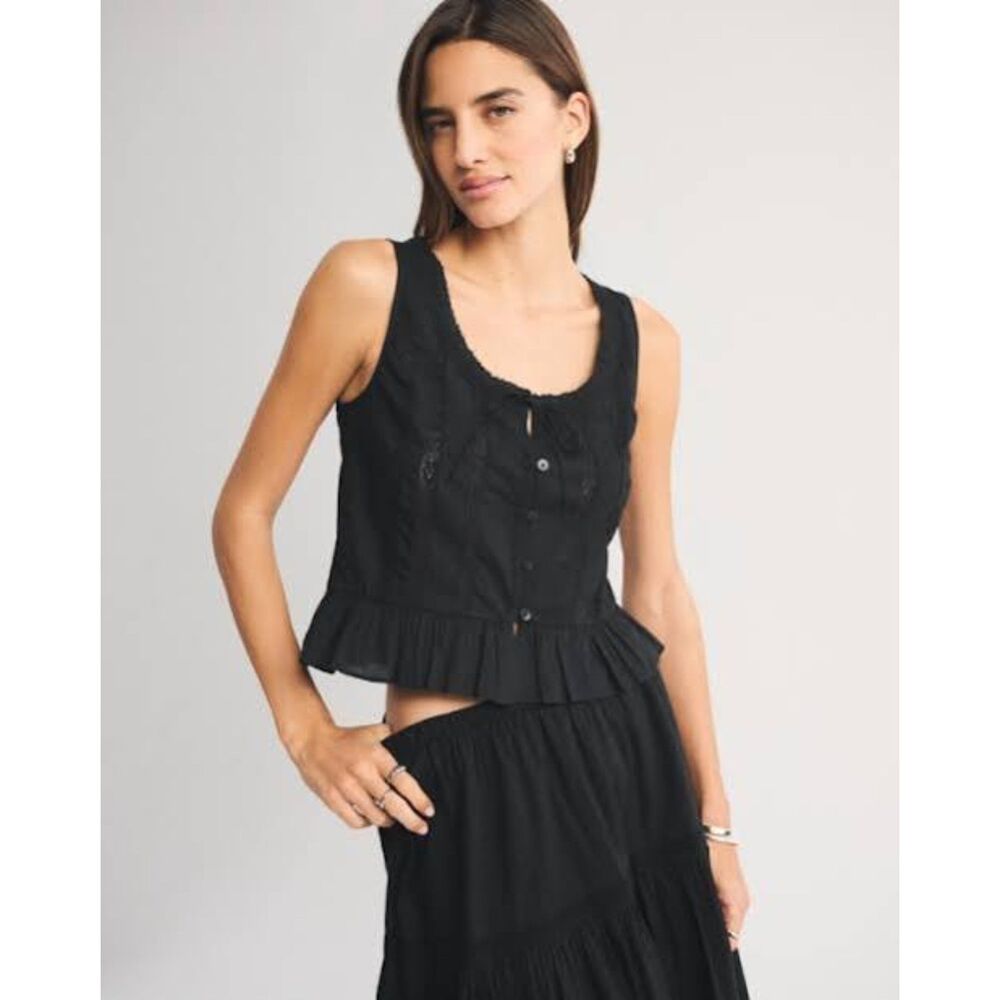 Abercrombie & Fitch 100% Cotton Button Through Lace Trim Tank Top S Whimsy Y2K
